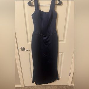 Vintage Michelangelo Dark Blue Satin Trumpet dress with TRAIN! Buttons down back